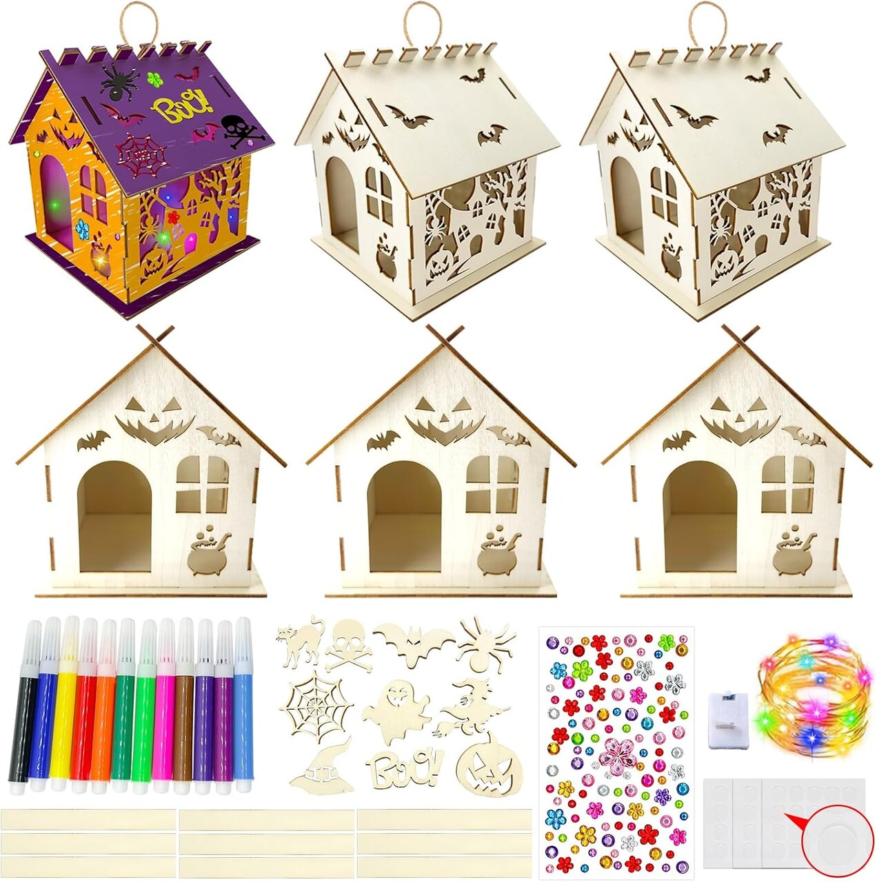 6 Set Halloween Craft Kit,DIY Wooden Halloween Castle House Craft Kit